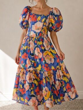 Vince Camuto Blue Floral Puff-Sleeve Maxi Dress